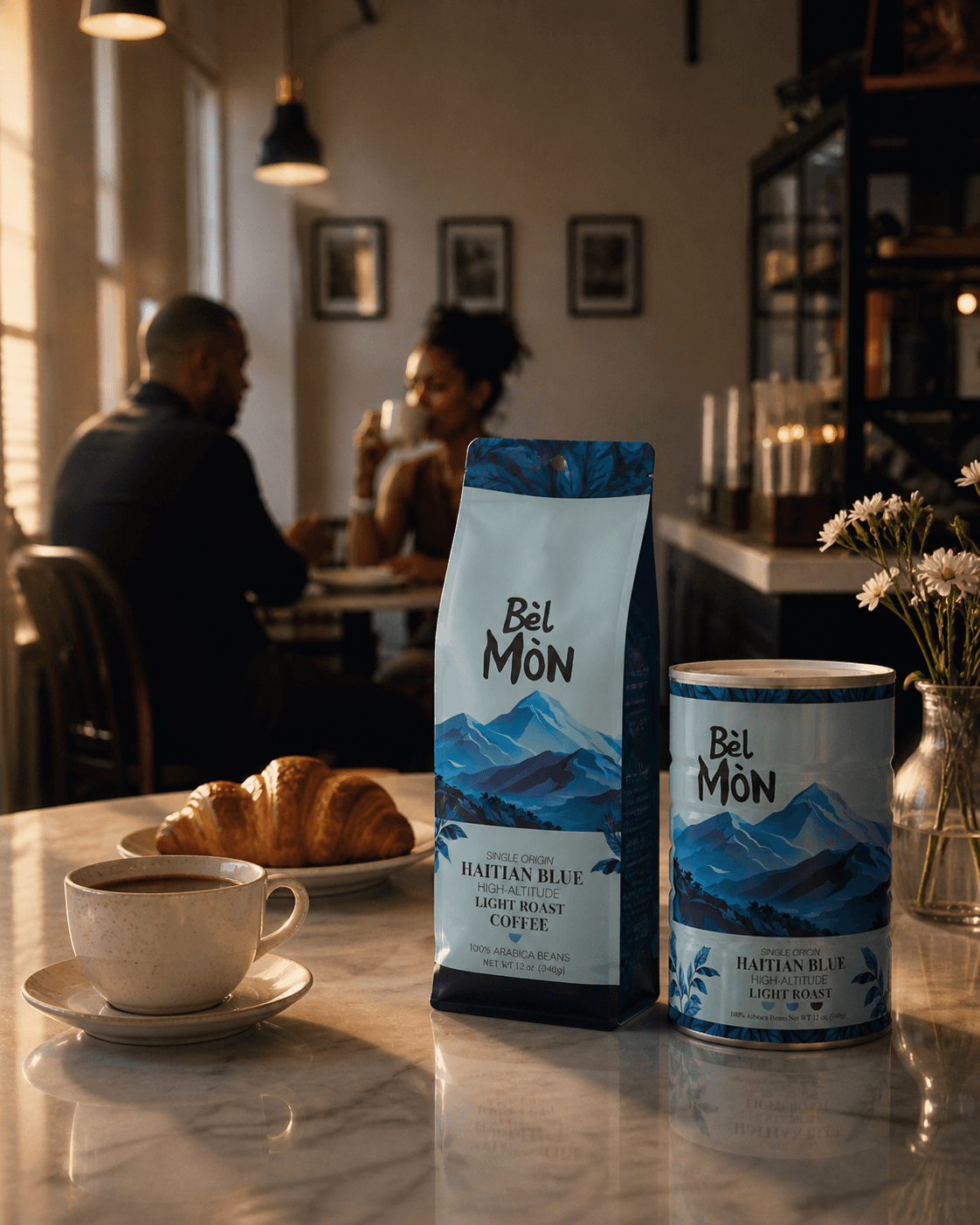 Bèl Mòn Haitian Blue coffee in a café setting